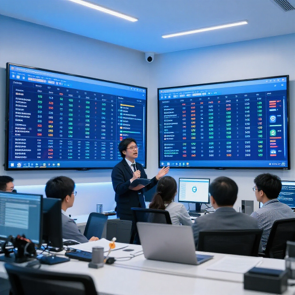 明亮的現代辦公室，台灣分析師在大型螢幕上比較現金版與信用版球版平台，顯示賠率圖表與安全圖示，藍色燈光氛圍