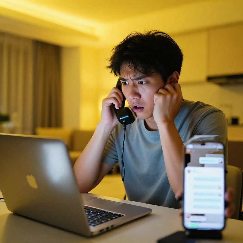 驚慌個體緊急撥打反詐騙專線，同時擷取交易證明與聊天記錄截圖，在台灣現代家居明亮的黃色緊急燈光下使用筆電