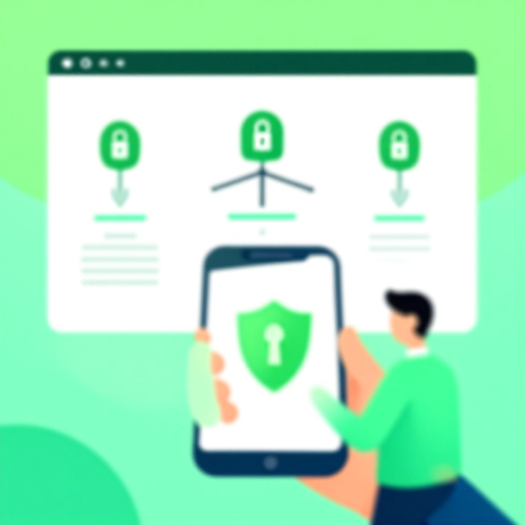 安全網站入口驗證圖解，綠色 SSL 鎖圖示、可信域名結構與防詐盾牌，保護亞洲用戶手機的安全綠色環境