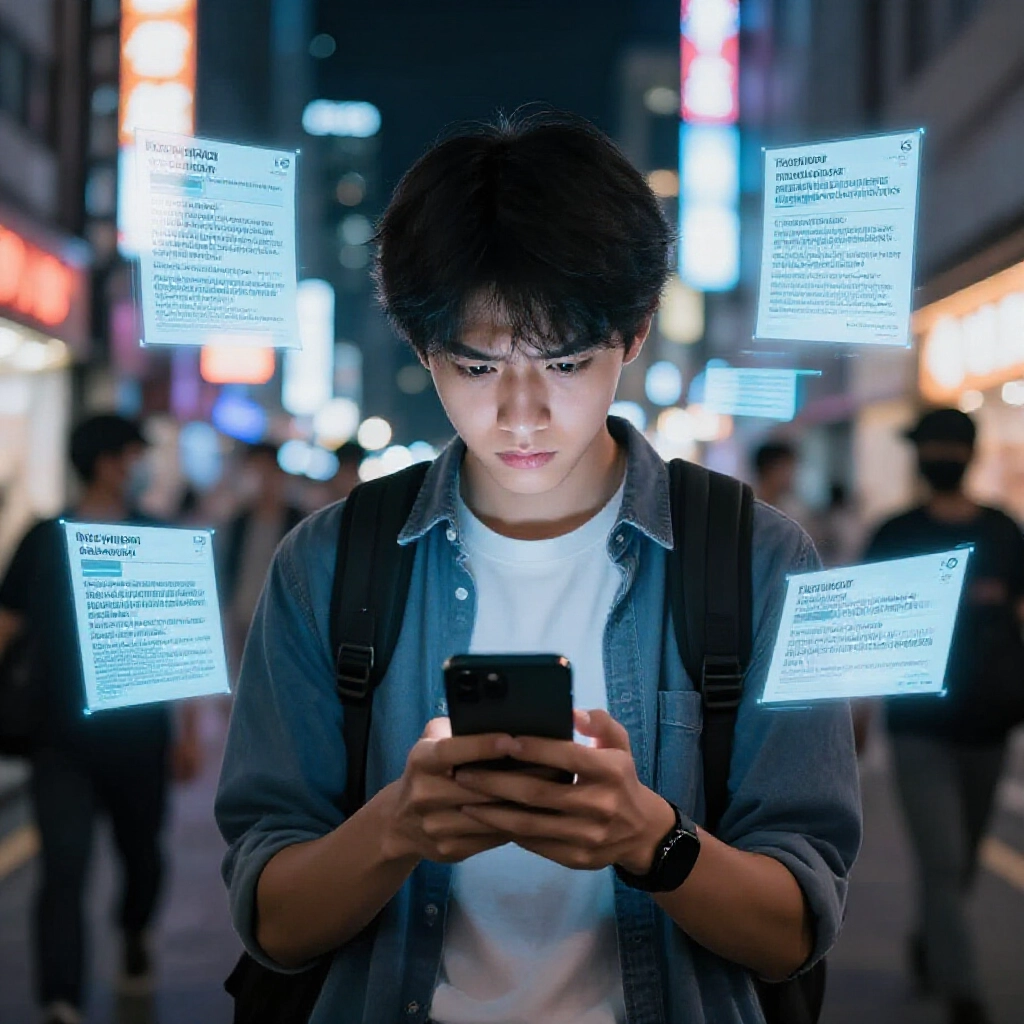 焦慮台灣年輕人盯著手機債務威脅訊息，周圍數位黑名單網路與潛伏催收者，霓虹都市夜街