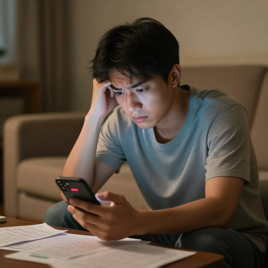 沮喪的台灣年輕男子在夜晚客廳盯著手機上的紅色錯誤通知，緊張姿態，周圍散落投注便條