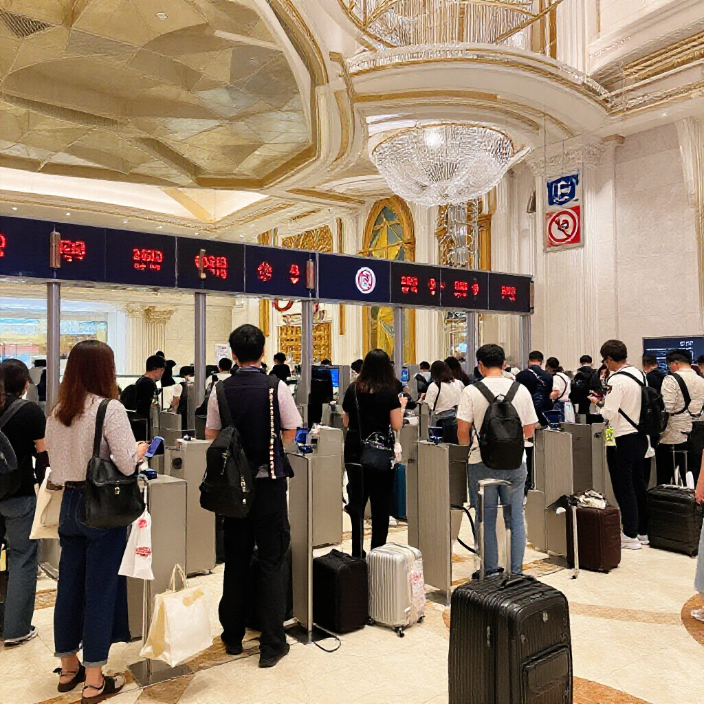 澳門賭場內繁忙安檢站，旅客出示護照檢查行李，標示禁帶背包，眾人優雅著裝