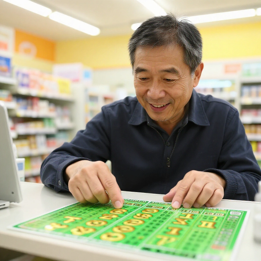 便利商店櫃檯中年台灣男子在溫暖燈光下刮開鮮豔綠色刮刮樂彩券，露出金色三位英文字母代碼，充滿喜悅期待