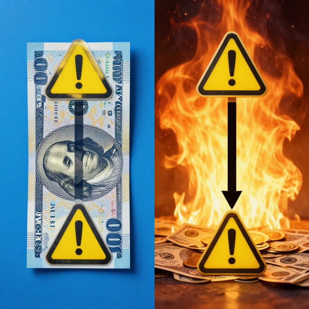 畫面分割對比：左側安全現金交易，右側混亂信用債務循環，伴隨警告符號與金錢陷阱，冷藍與火橙色調