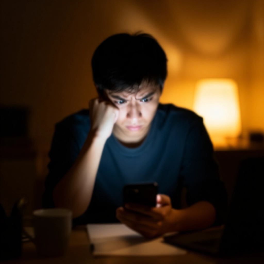 年輕男子在昏暗房間閱讀手機論壇貼文，露出擔憂表情，桌上咖啡杯與雜物，營造緊張思考氛圍