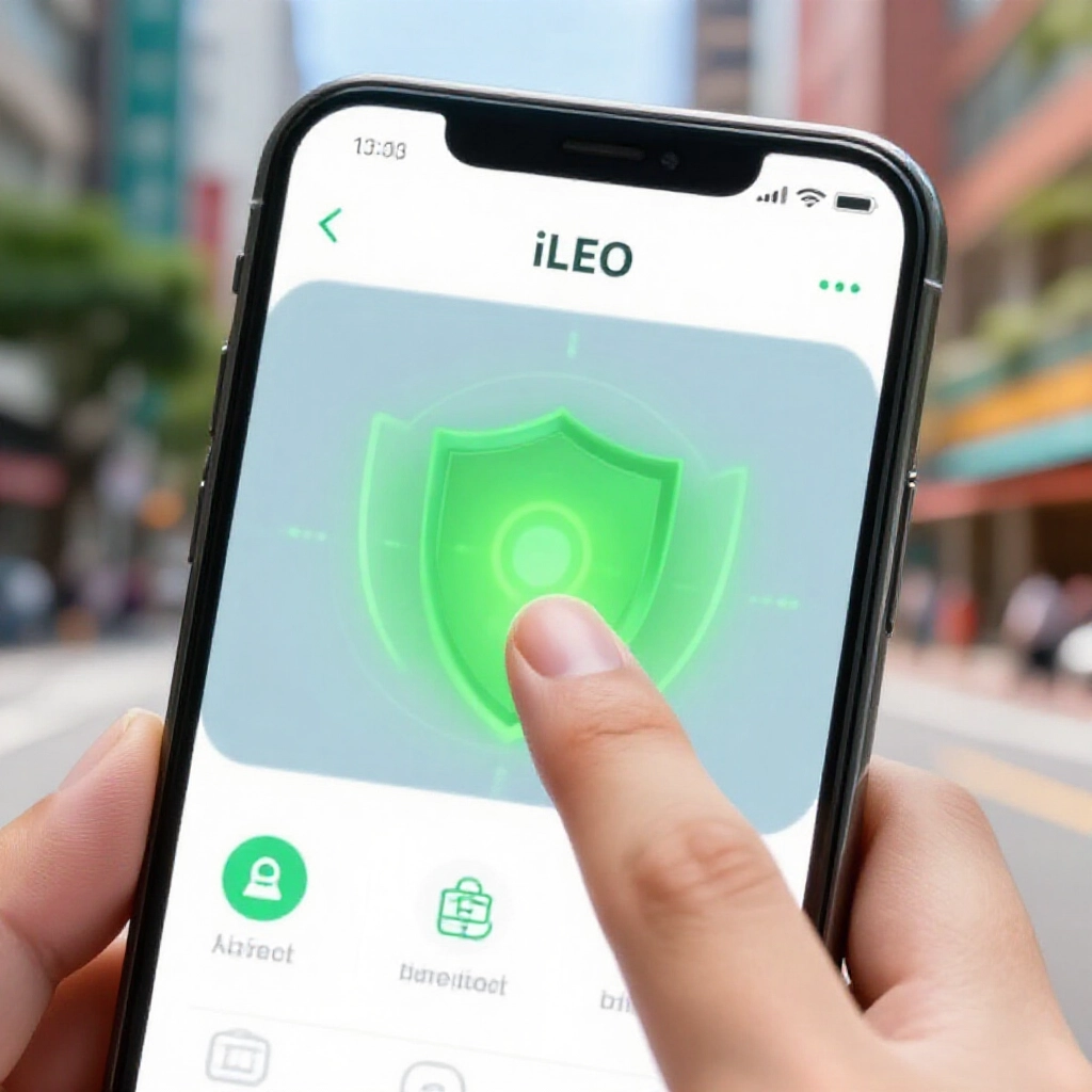 手機特寫顯示 iLEO App 介面，臉部辨識掃描綠光安全盾，指紋感測器，明亮自然日光，台灣都市背景