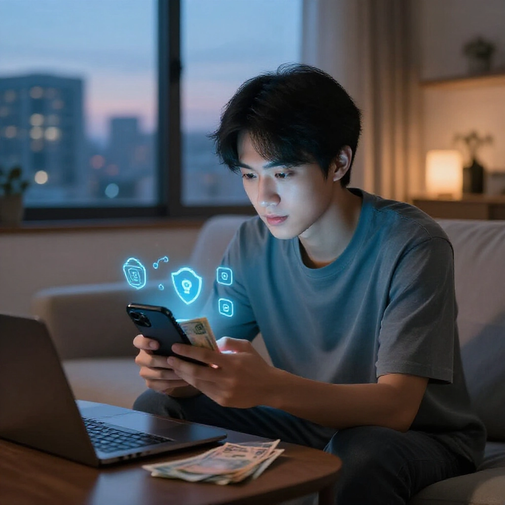 一位現代台灣玩家在舒適客廳黃昏時專注透過手機儲值線上投注 App，周圍浮現柔和藍色財務安全圖示，窗外可見城市天際線。