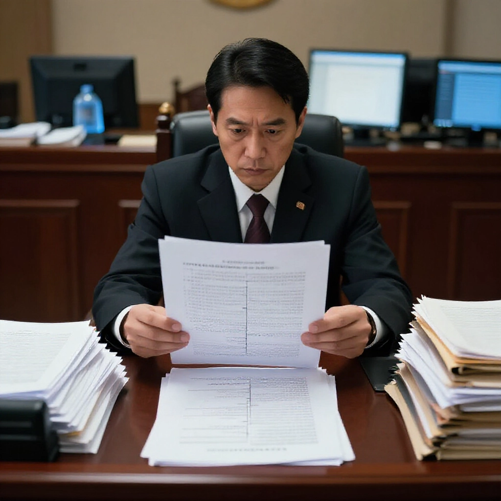 嚴肅律師在台灣法庭環境檢視九州案詳細法律時間軸，周圍環繞案件檔案文件與閃爍電腦顯示螢幕，呈現黑暗嚴肅氛圍