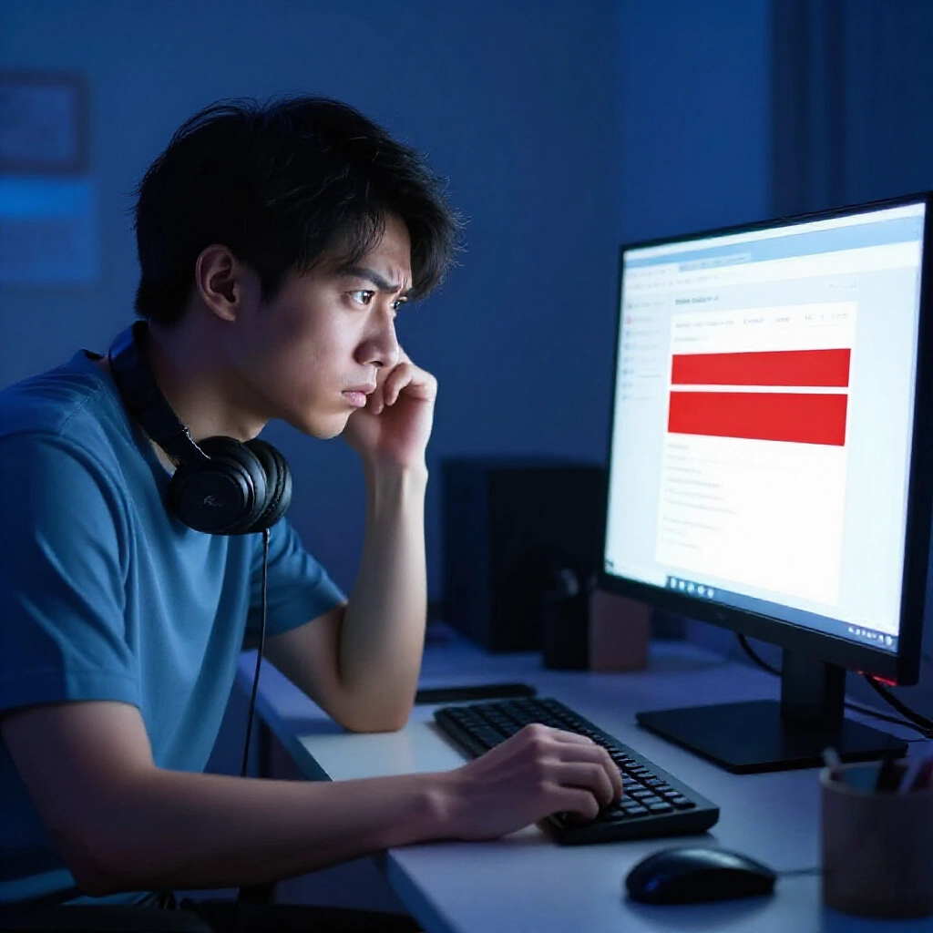 台灣玩家夜晚在家辦公室焦慮盯著電腦螢幕，帳戶資金充足卻顯示紅色出金阻擋通知，臉部緊張藍光昏暗