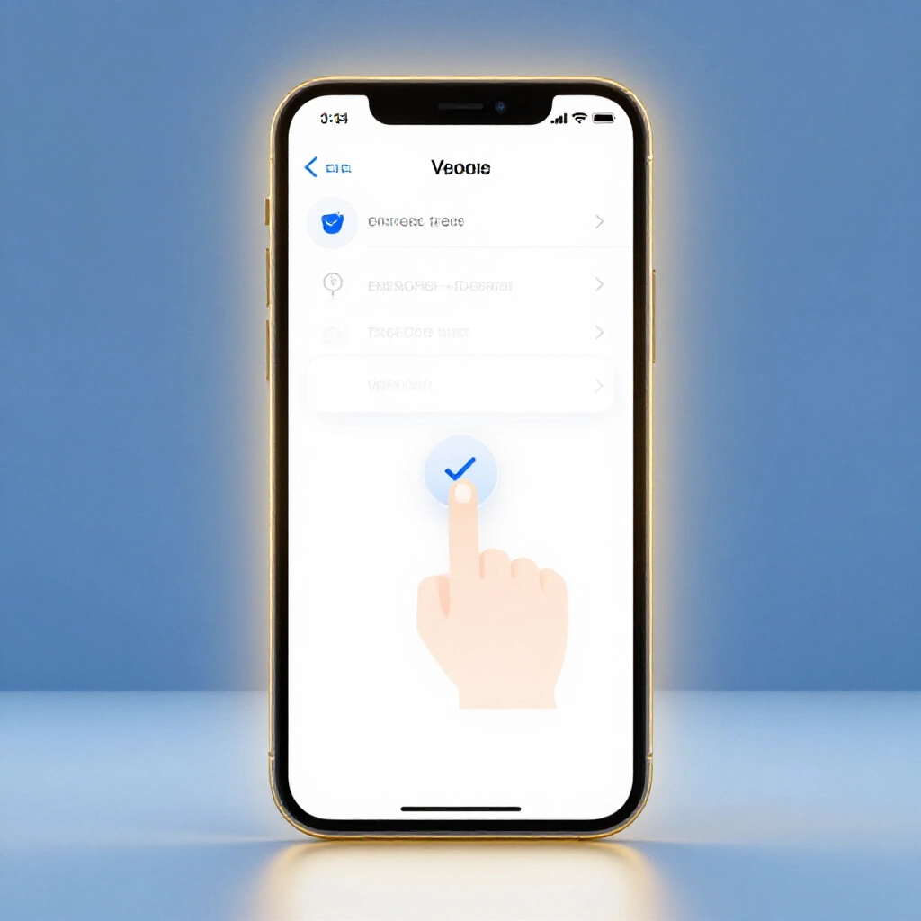 iPhone 設定介面突出企業開發者信任選單，手指指向驗證按鈕，乾淨明亮螢幕藍金色調焦點發光