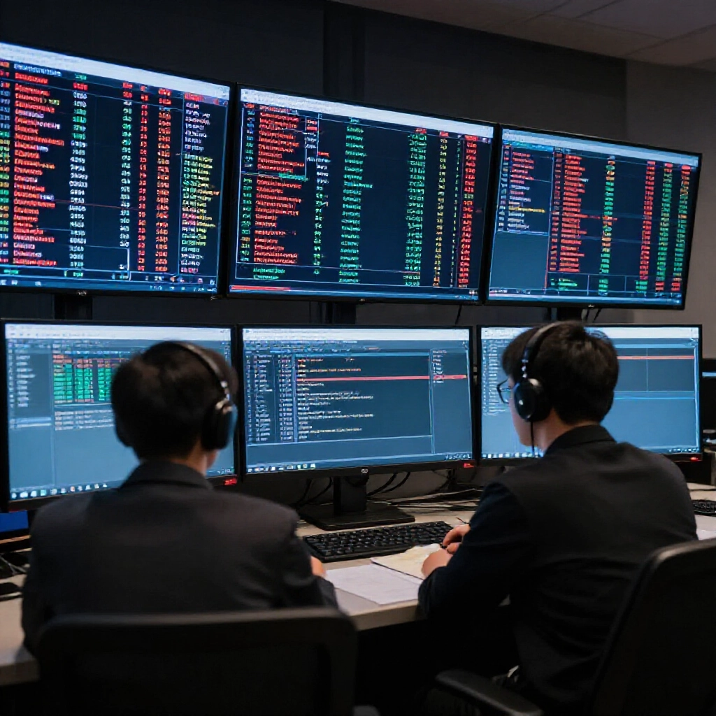 銀行員在高科技控制室監控多個螢幕上的金融交易流程，突顯線上遊戲提款風險警示，伴隨紅色警告燈光與資料流