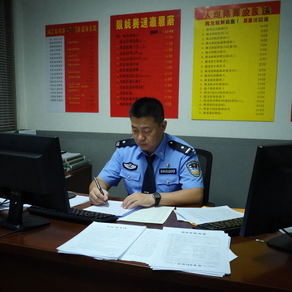 台灣警局辦公室燈光昏暗，反詐騙文件散落桌面，線上娛樂城黑名單警示海報營造權威與緊急警示氛圍
