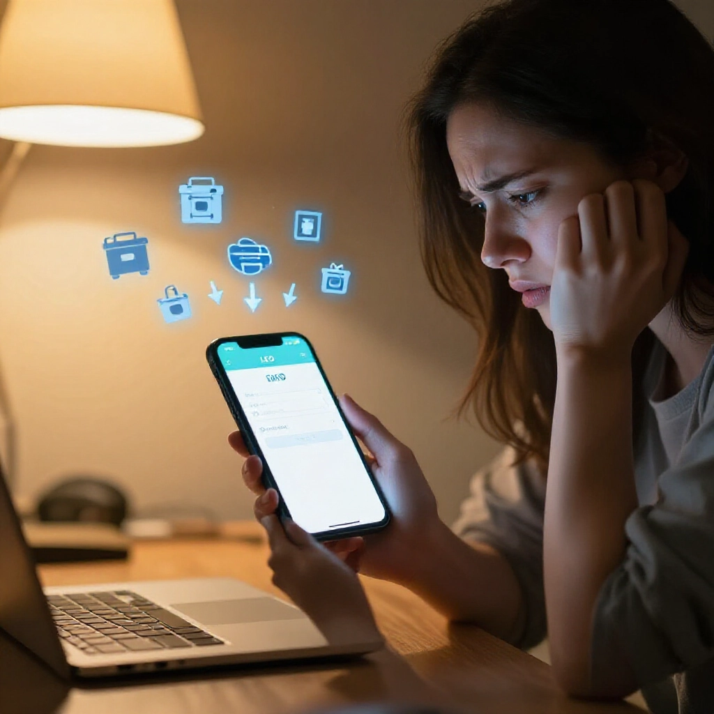 沮喪用戶夜晚手持手機顯示 LEO App 登入錯誤代碼、周圍浮動工具箱圖示、逐步箭頭引導 DNS 設定、暖燈光、專注排除故障氛圍