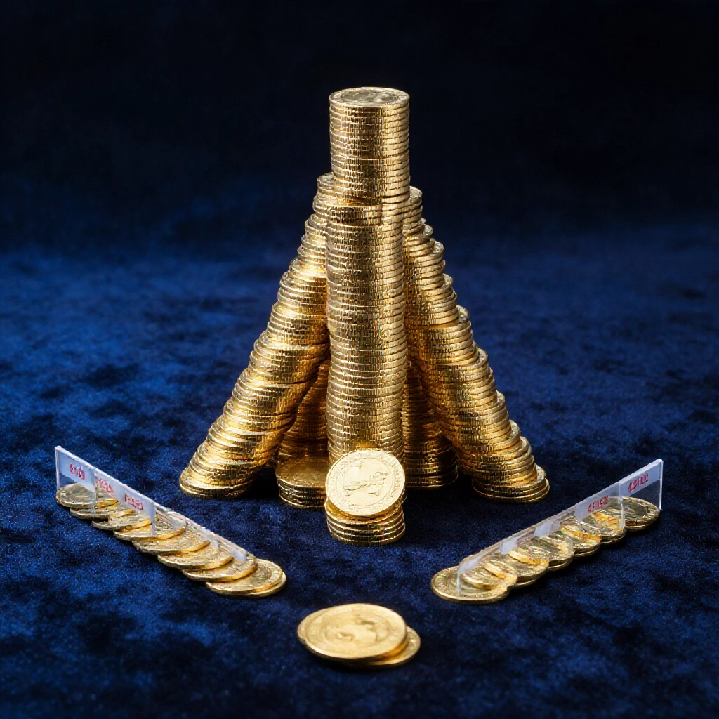 金色籌碼的金字塔策略，下降至停損障礙，深色絨布板上藍光照耀，象徵紀律資金管理