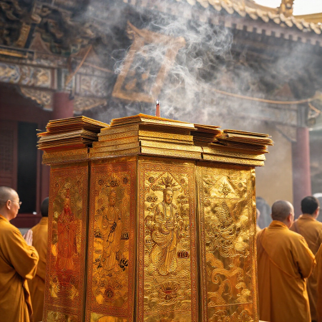 龍山寺壇上堆疊精緻天地水錢金紙圖案，裊裊香煙裊繞上升，金黃色調溫暖，信眾虔誠祈福，寧靜文化氛圍