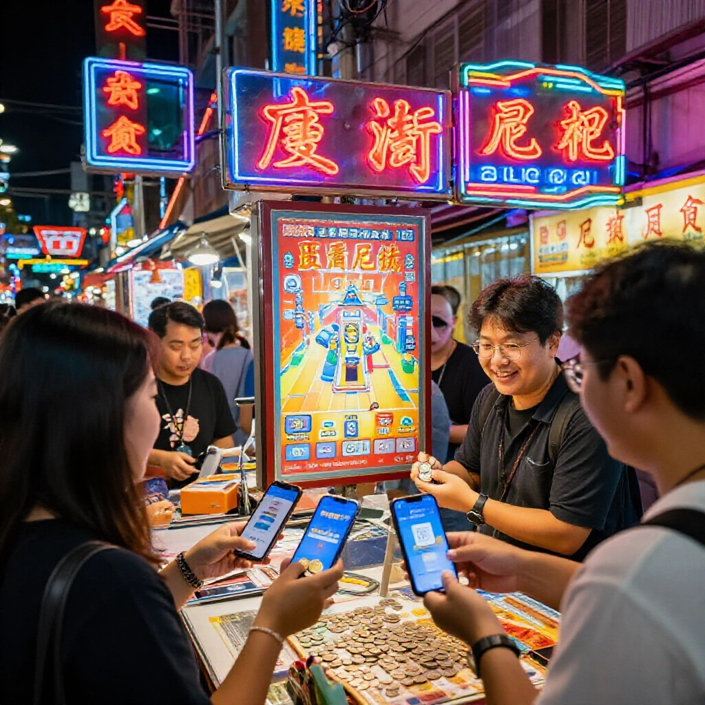 台灣街頭夜市霓虹燈閃耀,星城與包你發遊戲海報展示在 App Store 螢幕前,快樂玩家安全交換遊戲幣