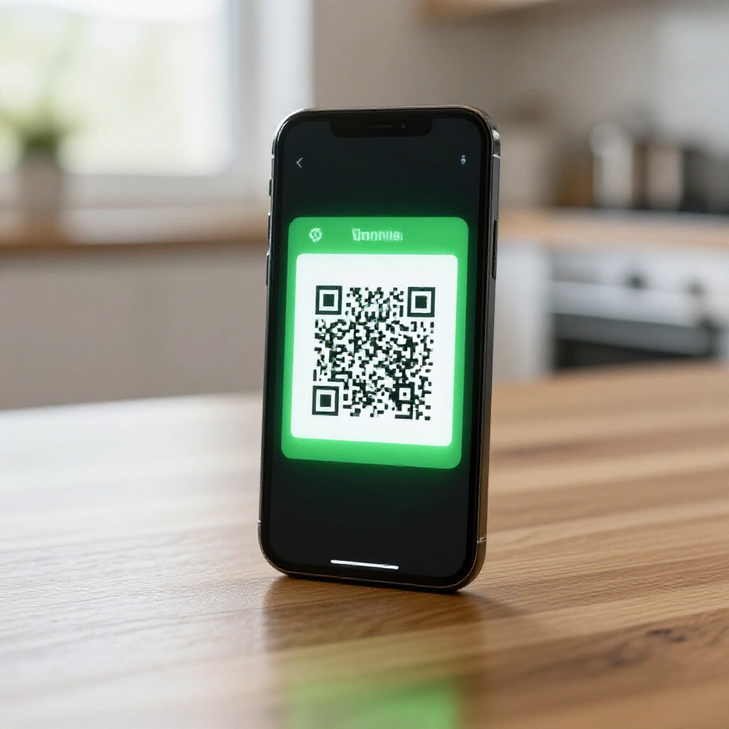 智慧型手機掃描刮刮樂QR Code，畫面顯示驗證App綠光，自然日光下廚房木桌，清澈反射現代裝置