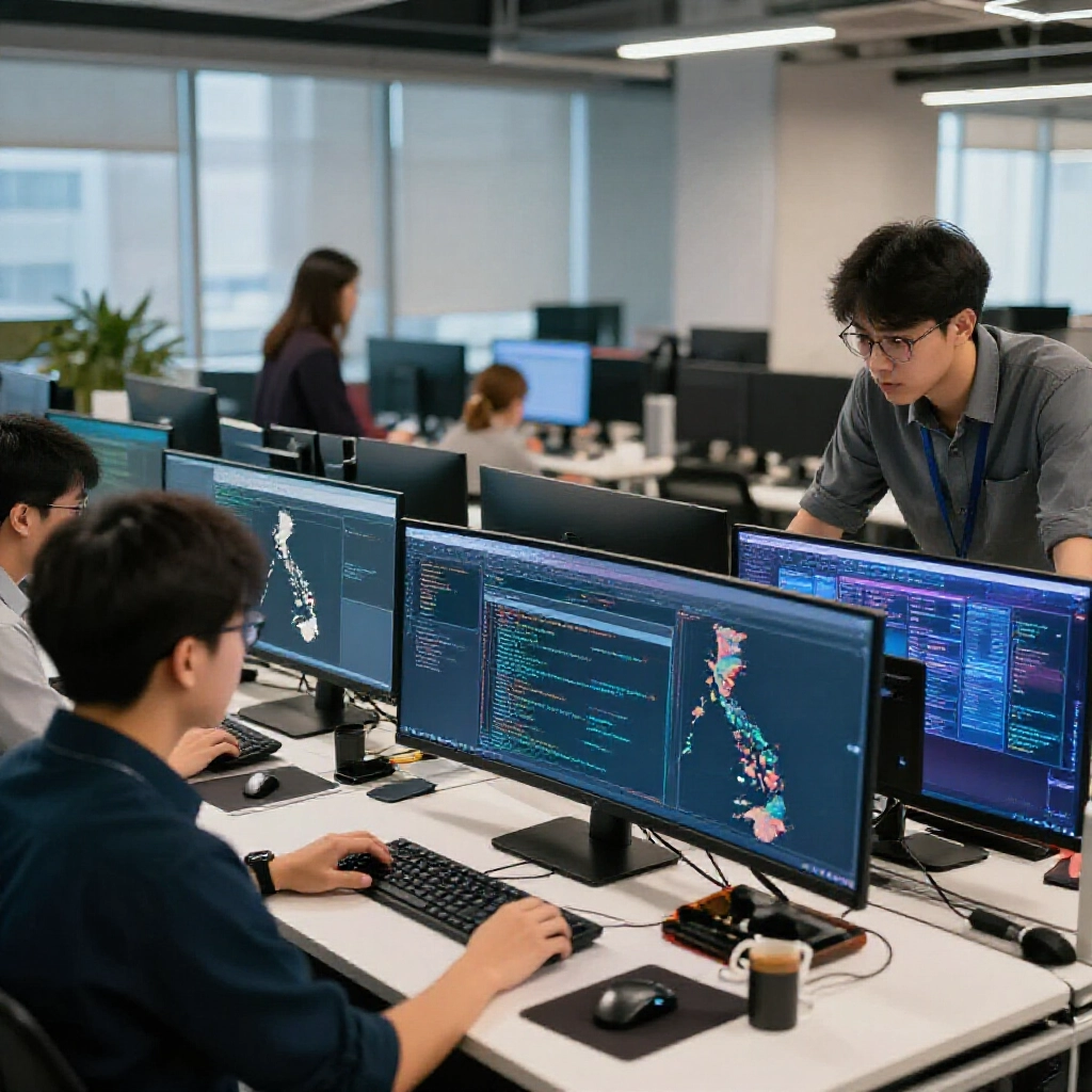 台北現代辦公室年輕軟體工程師群聚電腦前開發博弈平台功能,多螢幕顯示菲律賓地圖與伺服器圖表