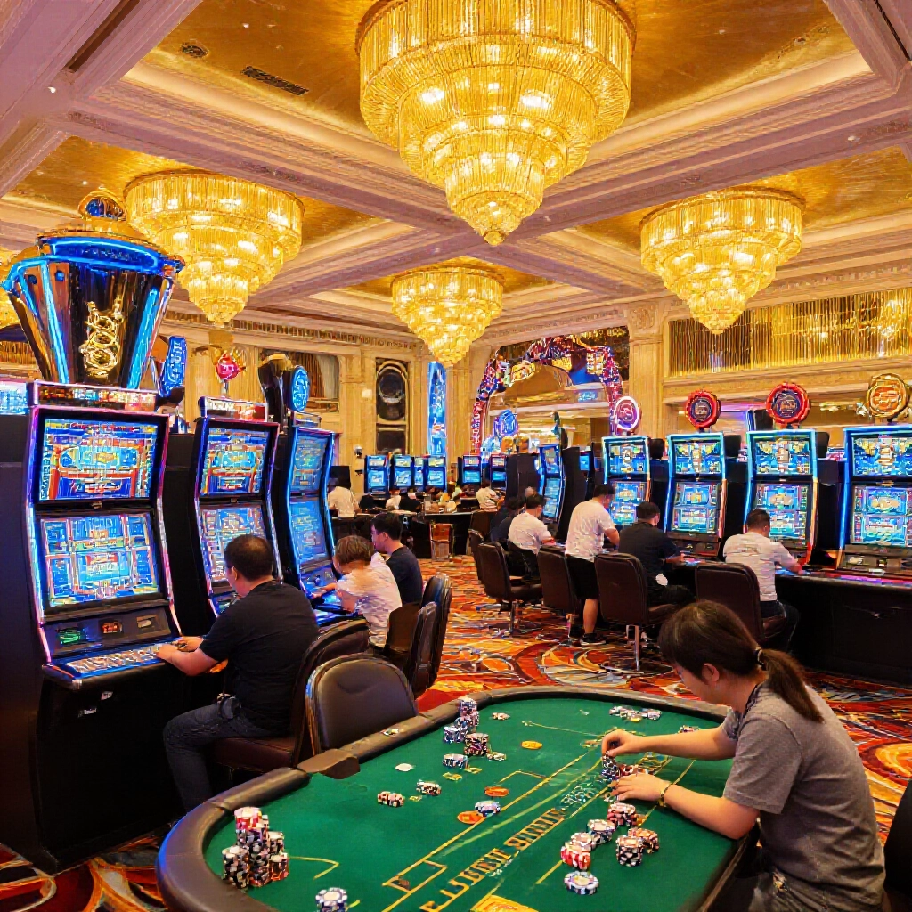 金色吊燈下的澳門賭場內部，電子老虎機與百家樂桌，休閒玩家放置小額籌碼