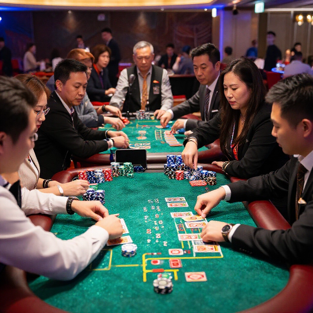 澳門賭場遊戲區燈光閃耀，二十一點桌荷官發牌，籌碼堆疊，台灣玩家專注參與