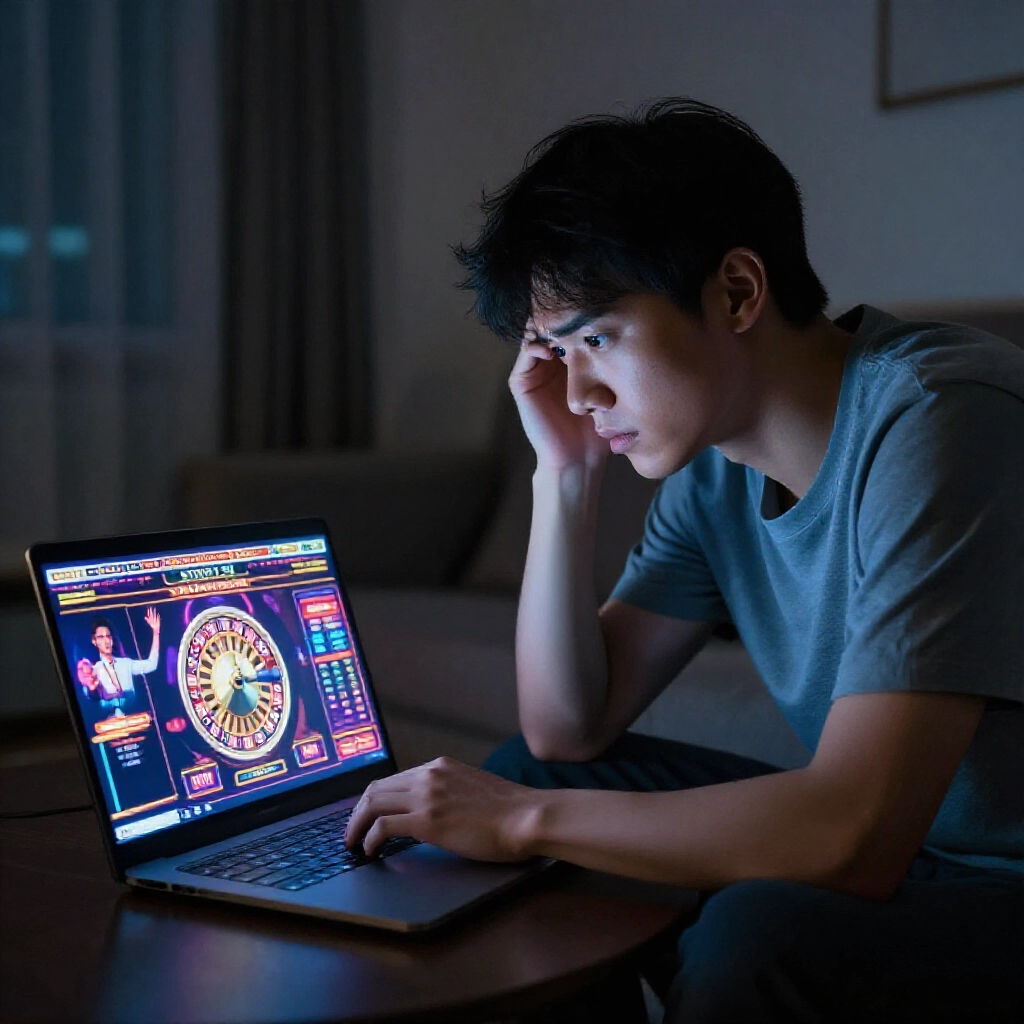 擔心的年輕台灣男子在夜晚昏暗公寓中，俯身靠近筆電螢幕，顯示閃爍的線上娛樂城儀表板，轉動的輪盤和荷官在霓虹燈下揮手