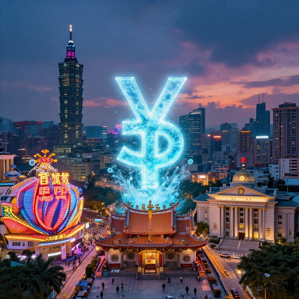 神秘發光水錢符號懸浮台灣繁華城市上空，三條岔路通往燈火通明的娛樂城、香火繚繞的廟宇庭院，以及嚴肅的法院外觀，暮色劇烈天際