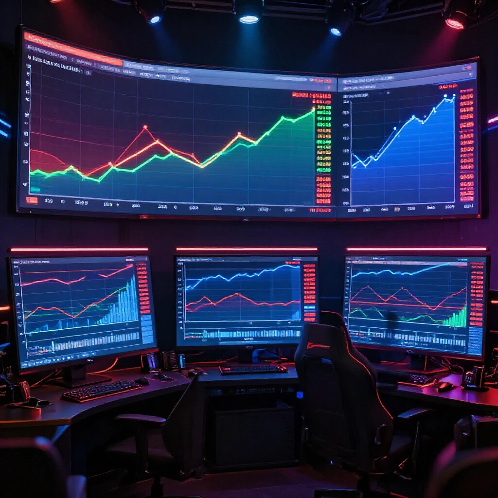 現代遊戲介面顯示三種投注策略的風險等級與資金軌跡彩色曲線圖，紅綠藍線條在聚光燈下充滿動感競爭氛圍