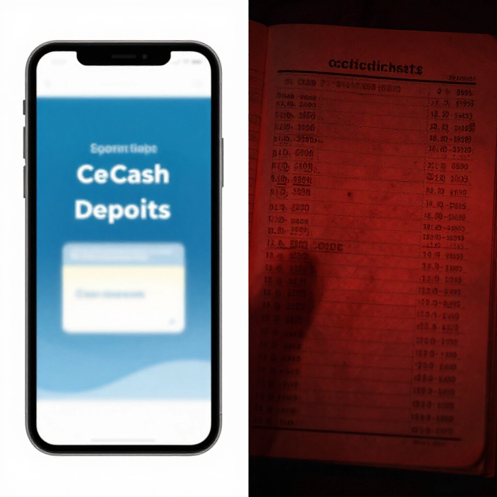 分割視圖對比明亮手機App即時現金儲值，一側與陰影紅調累積信用債務帳冊