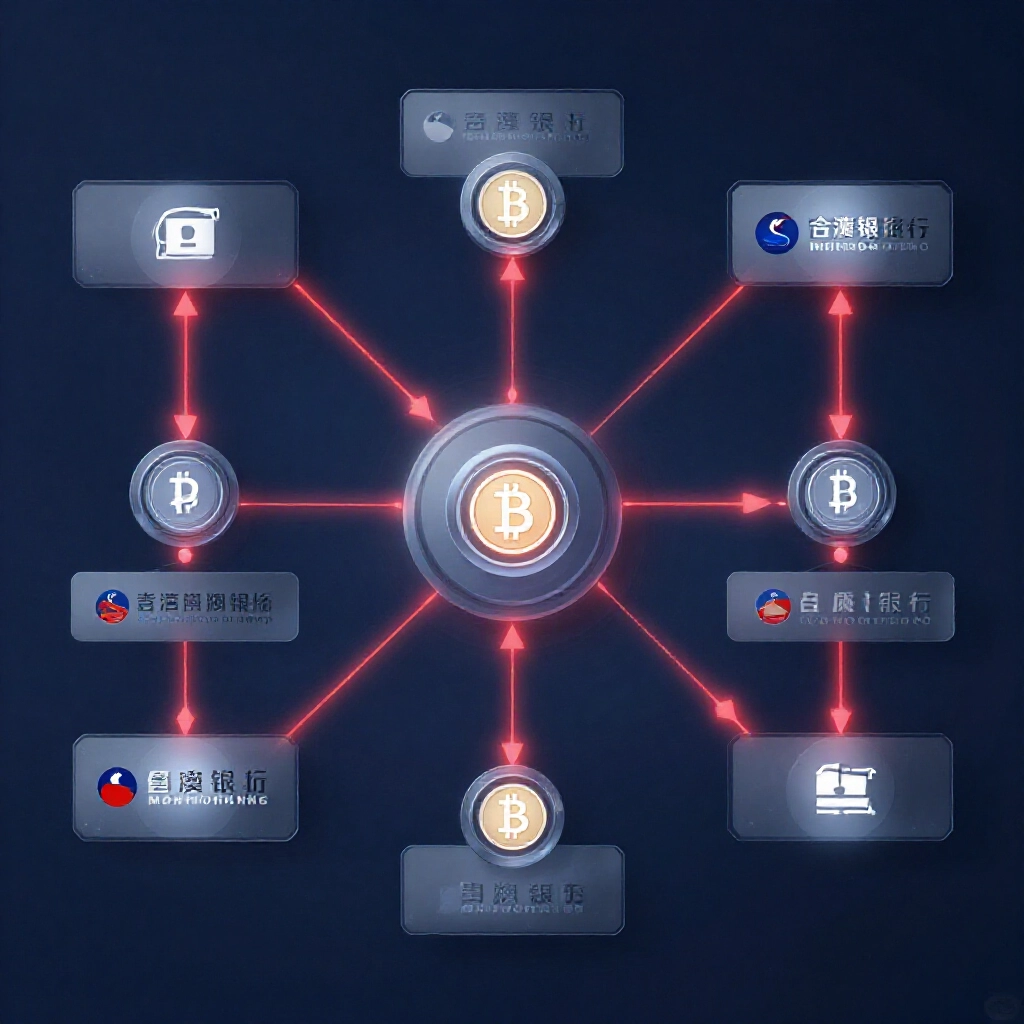 銀行監控博弈交易流程圖資訊圖，紅色警示線連結虛擬貨幣圖示與台灣銀行標誌，專業藍灰色調嚴肅氛圍