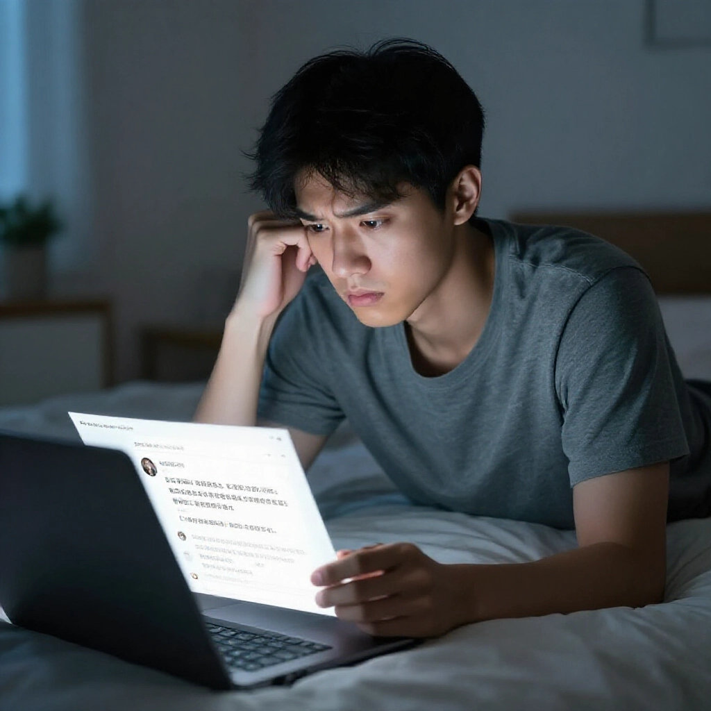 深夜臥室中，一位年輕台灣男子緊張地用筆電瀏覽Dcard論壇，螢幕上標註詐騙警示與黑網紅旗，營造緊張氛圍
