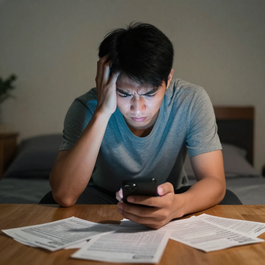 焦慮的台灣男子在昏暗臥室緊握手機，桌上散落債務通知與帳單，牆上陰影