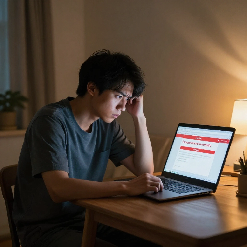 一位焦慮的年輕男子在台灣公寓書桌前，擔心地盯著顯示紅色帳戶凍結警告的筆電螢幕，營造緊張沮喪氛圍