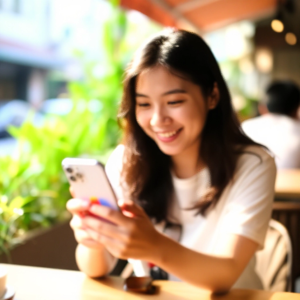 快樂的台灣手機用戶手持亮晶晶 iPhone，顯示 App 安裝進度條，戶外咖啡廳陽光普照