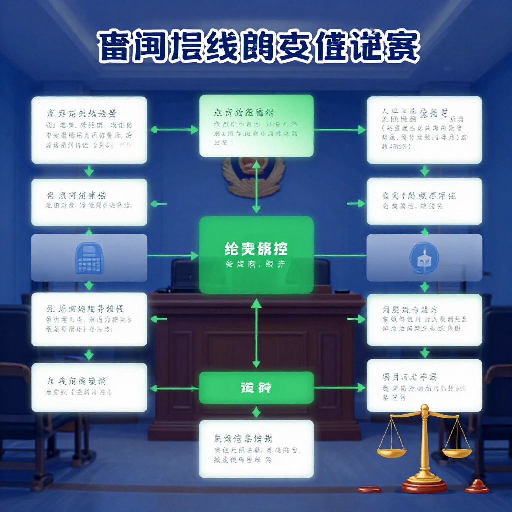 台灣線上博弈法律風險詳細流程圖,含警察通知、安全路徑、法庭天平與防護屏障,在專業藍調司法辦公室設定