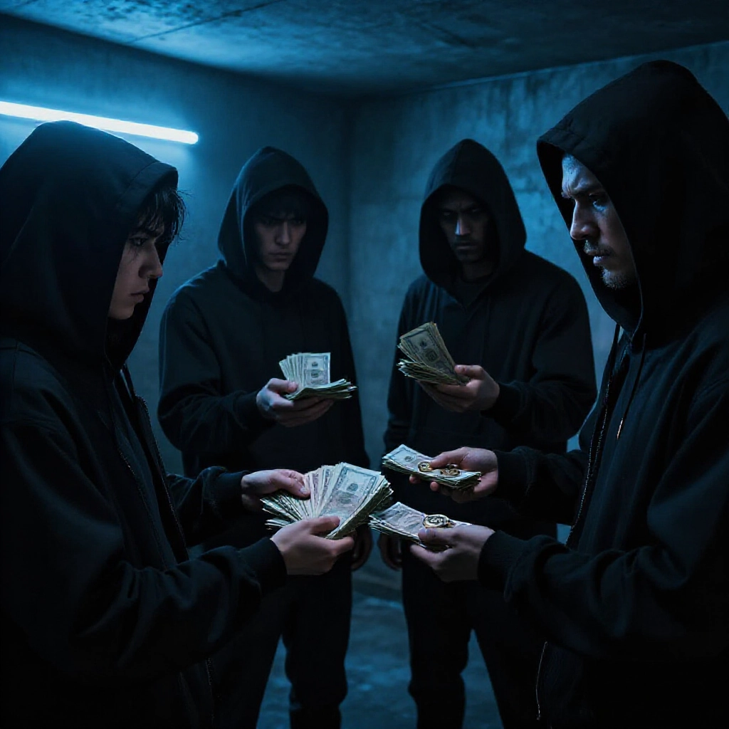神秘陰影人物在昏暗地下室交換現金堆疊與數位幣,緊張表情與閃爍霓虹燈投射詭異藍光於水泥牆