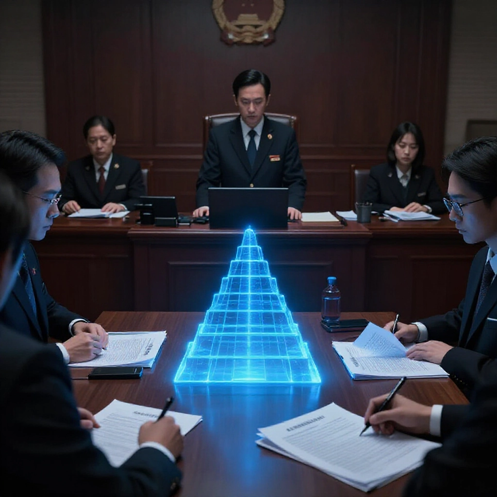 昏暗法庭中嚴肅法官審閱賭博法文件與藍色風險金字塔,警示2026台灣玩家注意法律邊界