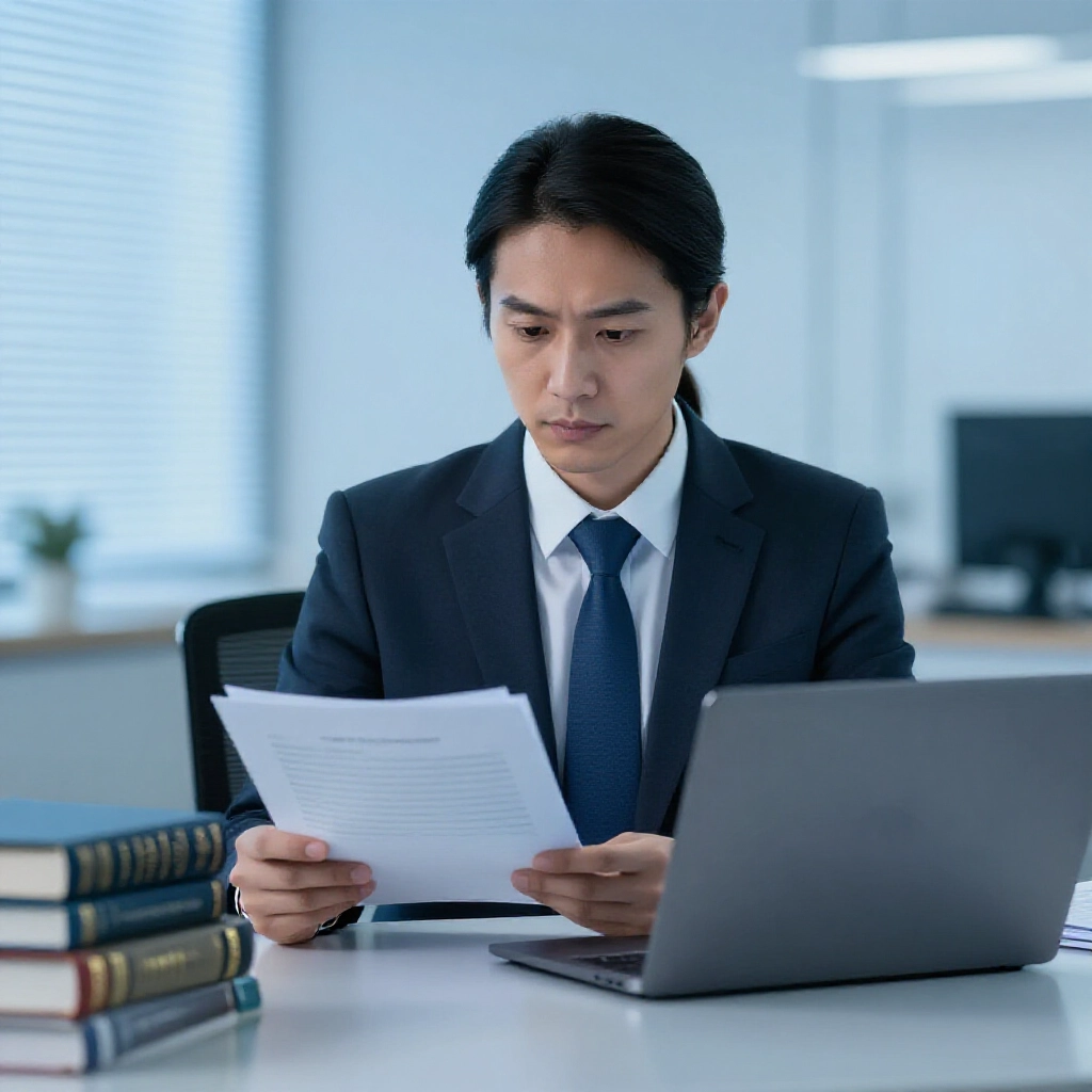 專業台灣顧問在現代辦公室檢視法律文件，筆電螢幕顯示嚴肅專注氛圍，旁邊堆疊法律書籍