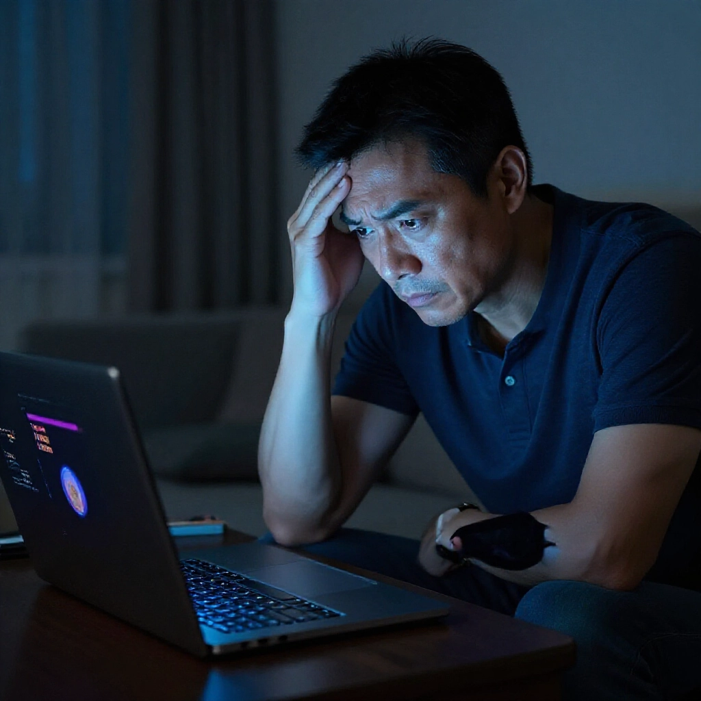 中年亞洲男子在昏暗公寓沮喪盯著筆電螢幕，顯示娛樂城客服以 IP 異常與流水問題拒絕出金，藍光營造緊張焦慮氛圍