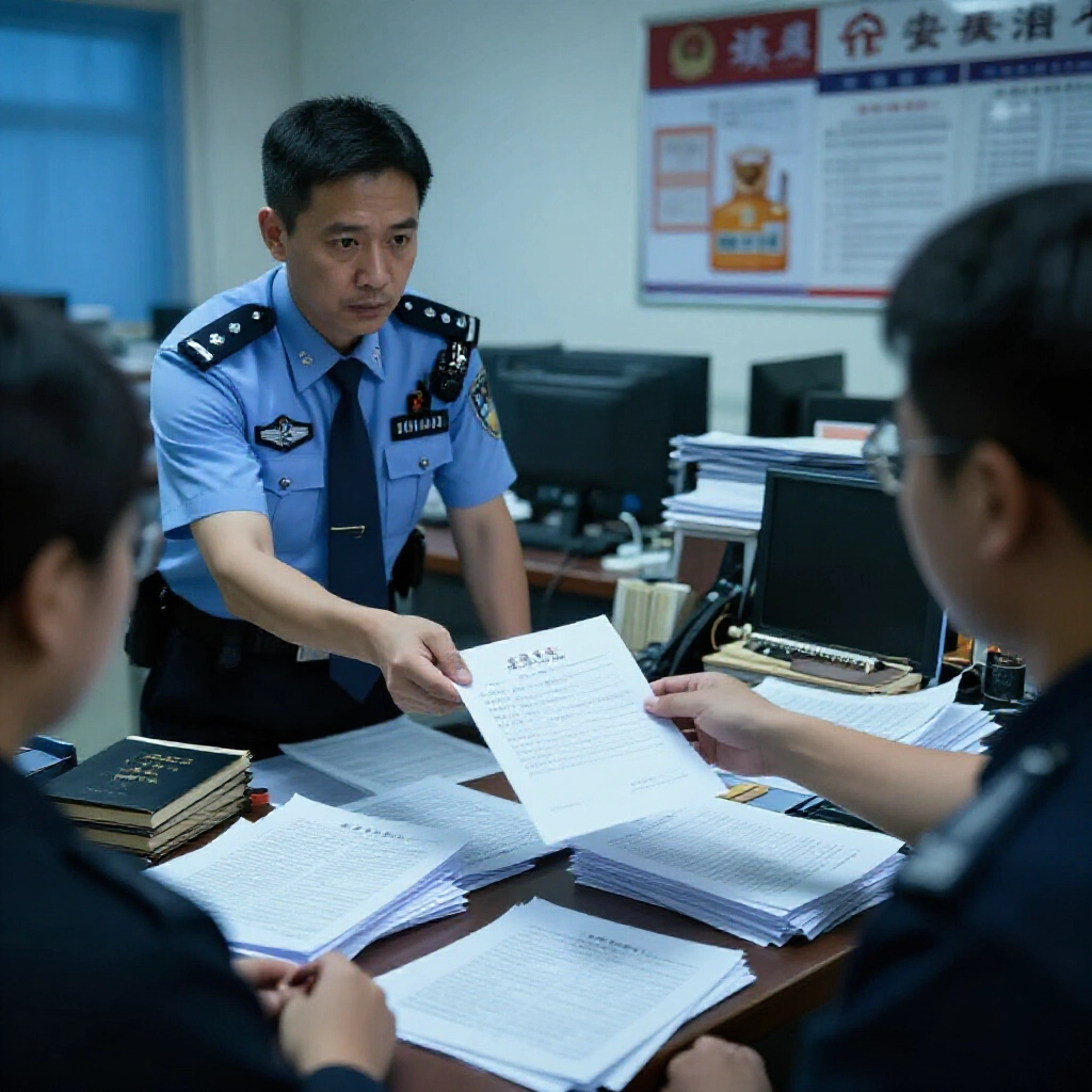 台灣警察局緊張場面，警員遞通知書給擔憂民眾，周圍堆滿法律文件、電腦與賭博法書籍，冷藍調燈光強調謹慎遵守氛圍