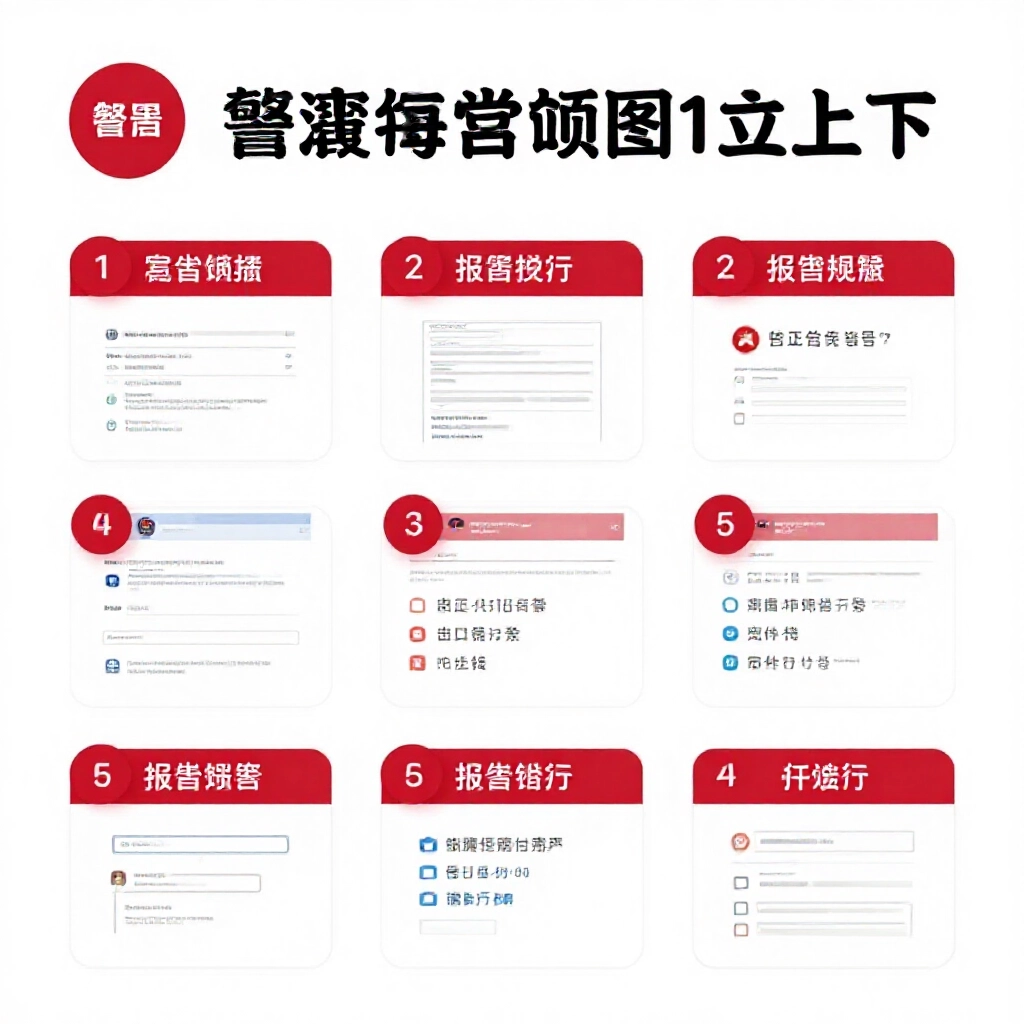 整潔白色背景上的詐騙報案步驟清單，包含截圖、警方表格與銀行警示圖示，專業台灣風格紅色重點標示關鍵動作
