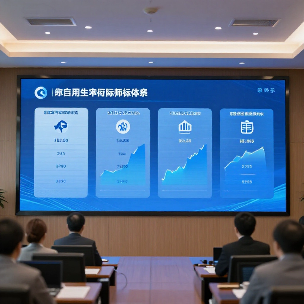 專業會議室大螢幕顯示四大信用平台排名圖表，藍色調穩定圖形與圖示，柔和燈光強調穩定性