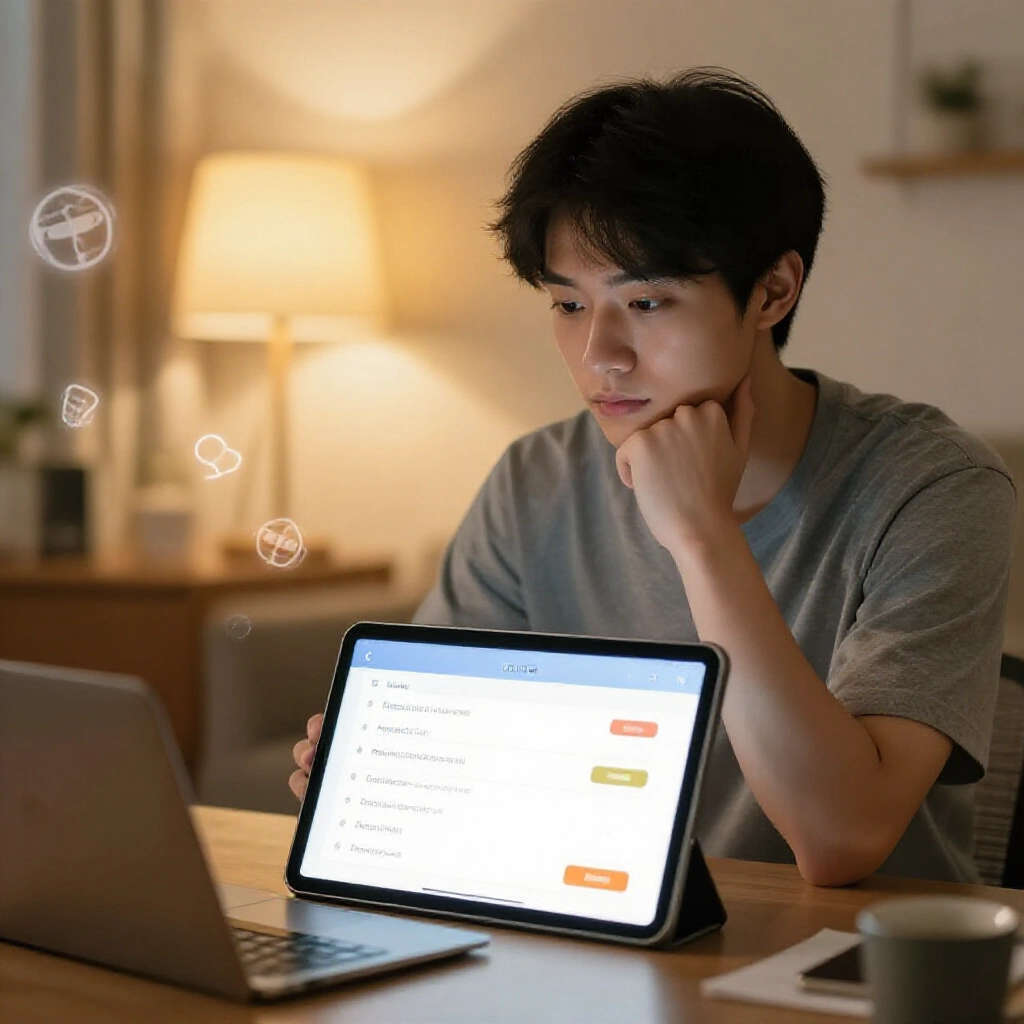 年輕台灣男子在溫馨居家辦公室沉思盯著平板螢幕，顯示簡單娛樂城提款規則圖表，周圍有暖燈光與遊戲圖示