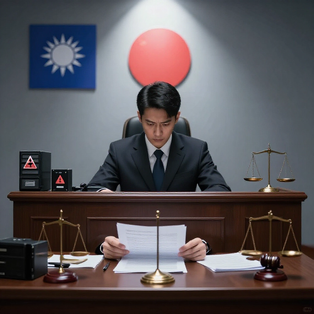 台灣國旗、正義天平、海外伺服器警示圖示與審閱法律文件的嚴肅法庭場景,冷灰色調
