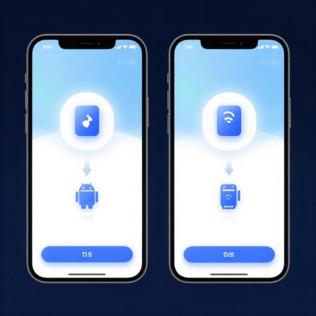 手機螢幕並排顯示App下載流程,乾淨現代介面、步驟圖示、iOS與Android按鈕、柔和藍光,使用者友善氛圍