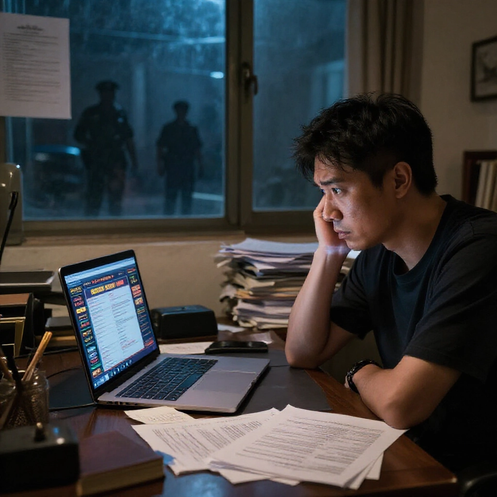 台灣男子在昏暗家辦公室焦慮盯著顯示線上博弈介面的筆電螢幕,周圍散落法律文件及窗外陰影警察身影