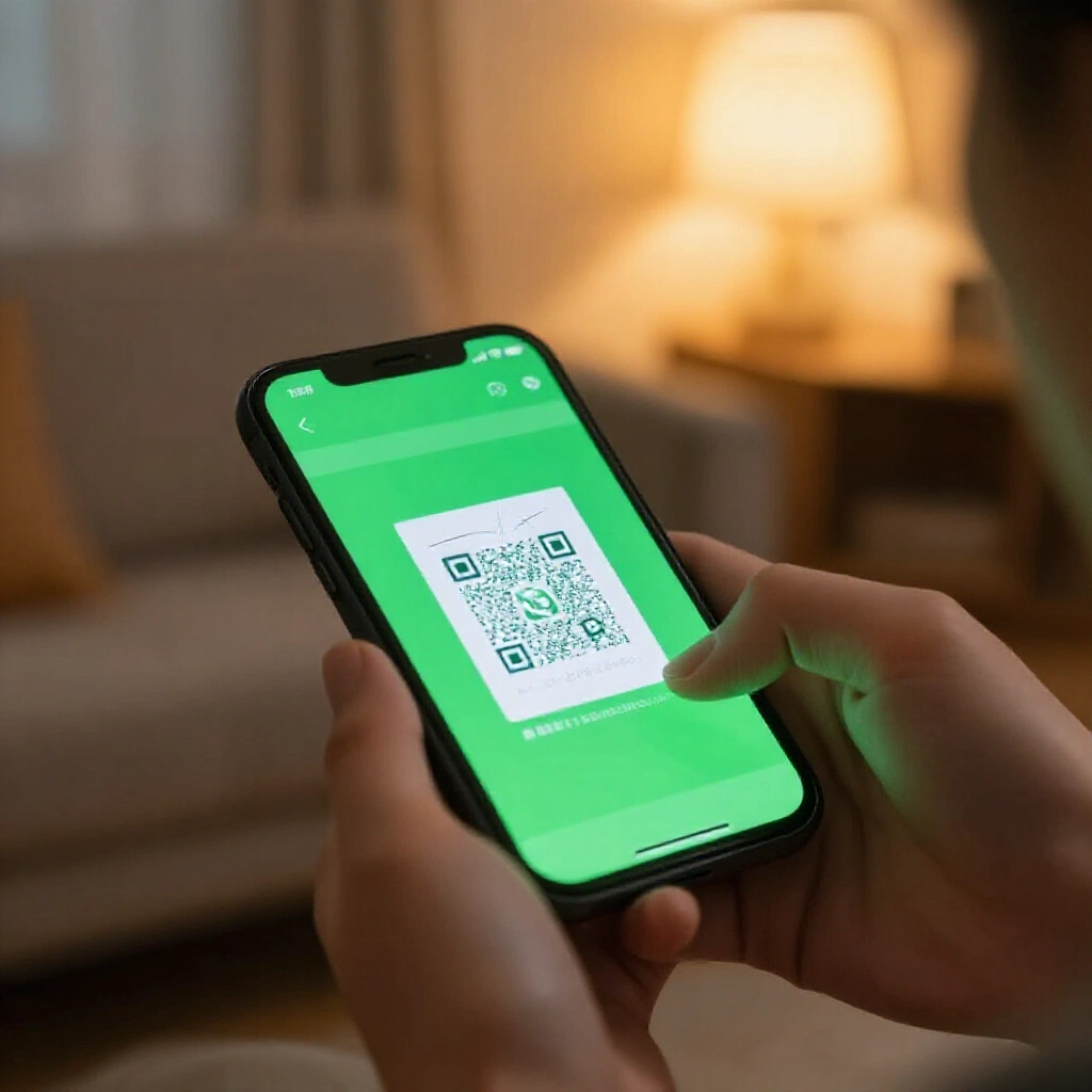 人士手持智慧型手機掃描刮開刮刮樂彩券 QR Code,APP 螢幕綠光亮起,溫暖客廳燈光環境