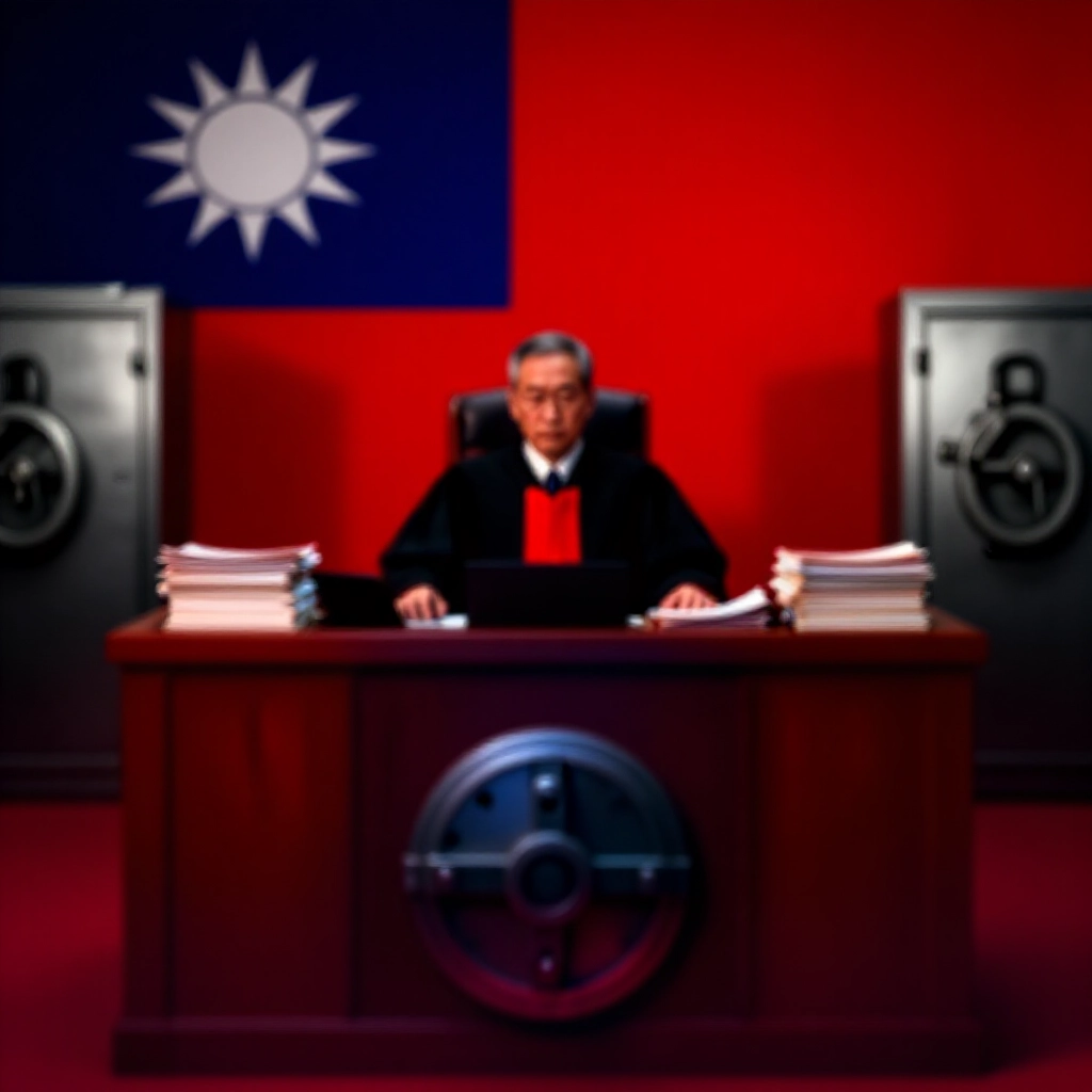 嚴肅法庭場景，台灣法官坐在法官席，周圍堆滿法律文件與國旗背景，象徵鎖定的銀行金庫，戲劇性紅色陰影燈光