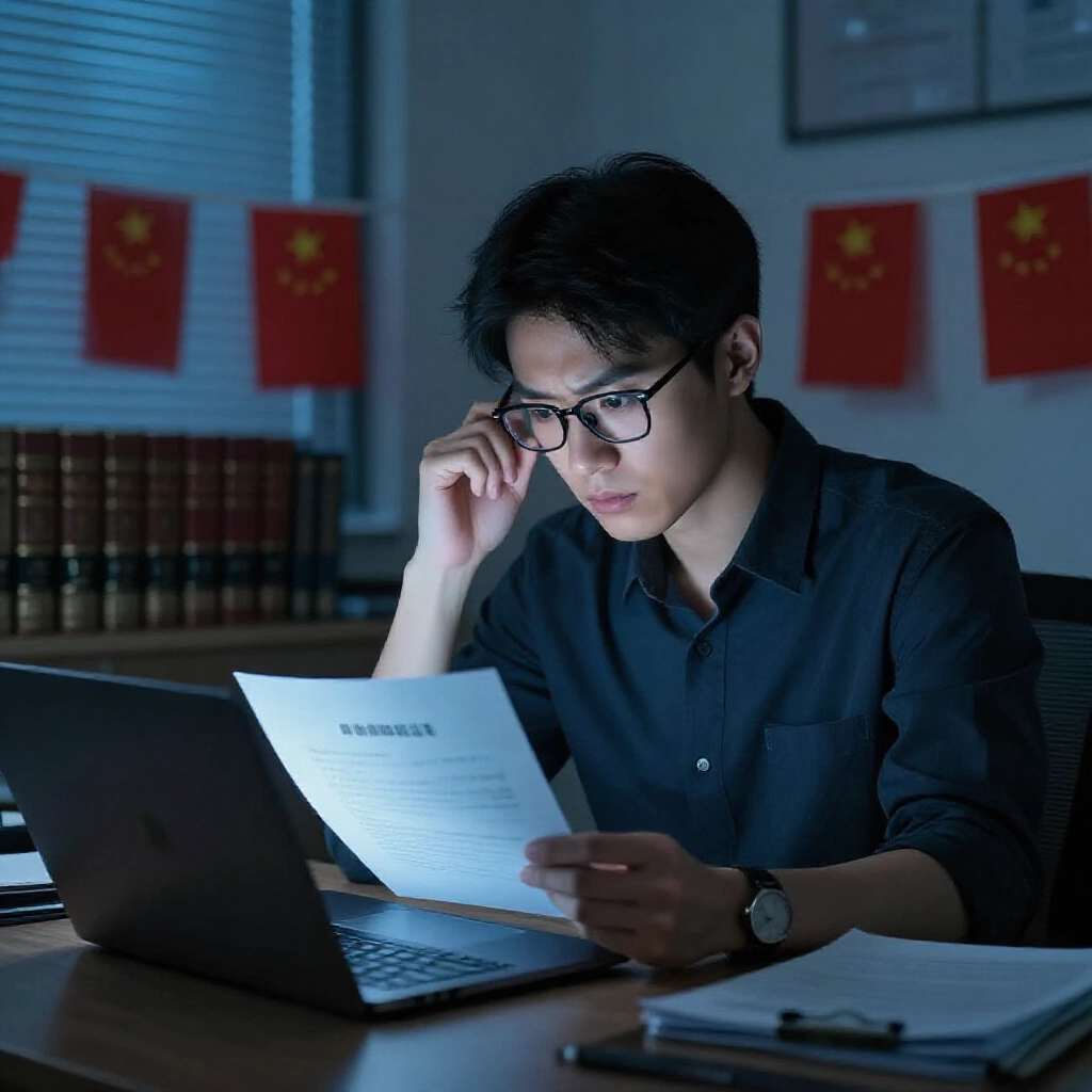 昏暗燈光下的台灣現代辦公室，一位戴眼鏡年輕男子焦慮閱讀筆電上的線上博弈法律文件，周圍環繞法律書籍與國旗，冷藍色調營造緊張嚴肅氛圍