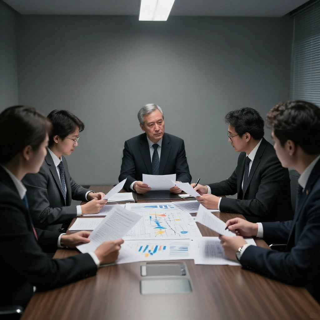 專業會議室中，分析師檢視法律文件、圖表與風險地圖，聚焦燈光下的冷灰調環境