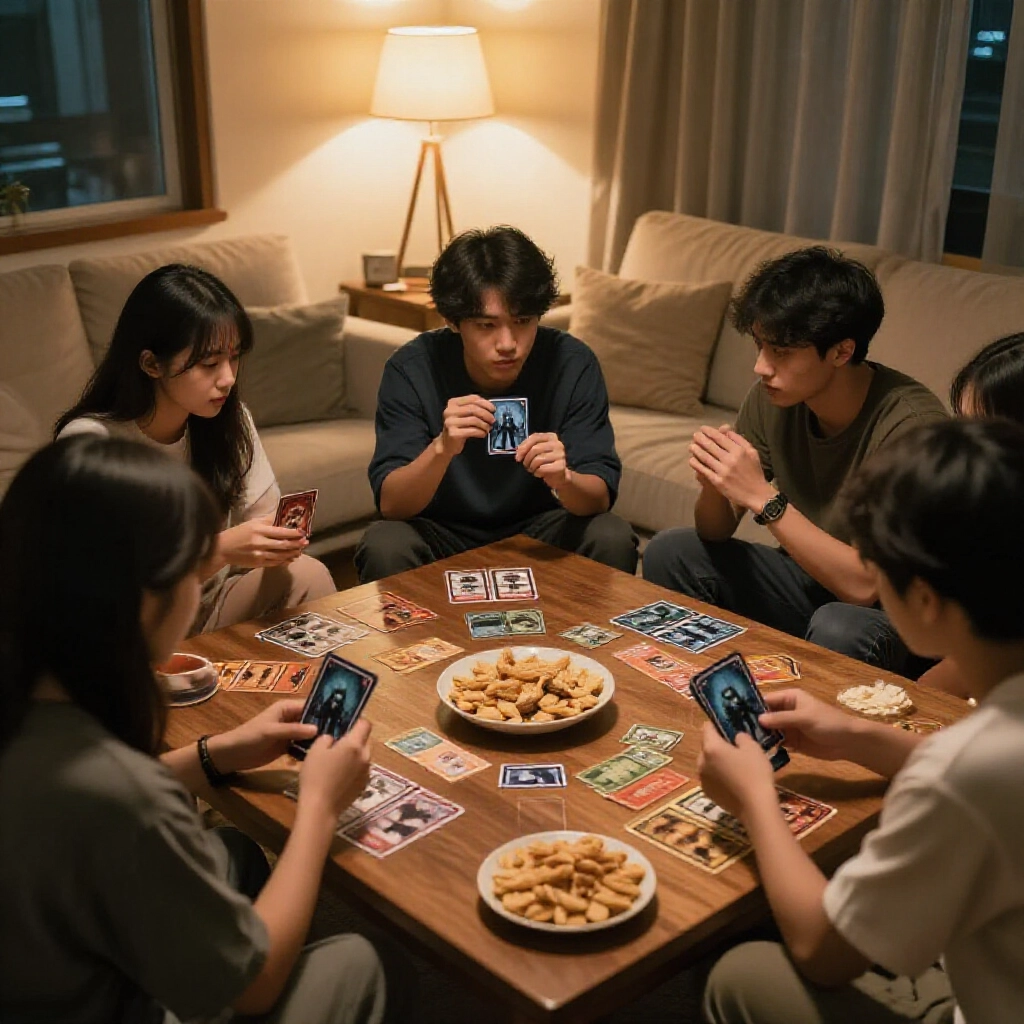 舒適客廳遊戲夜年輕台灣友人圍繞狼人殺牌,一玩家戲劇性讓出徽章,柔燈光投神秘陰影木桌散零食身份牌
